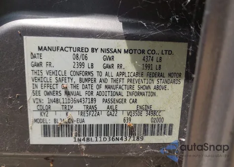 2006 Nissan Altima 3.5 Se из США, поврежденный, VIN 1N4BL11D36N437189